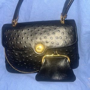 Rare vintage koret black ostrich leather handbag goldtone